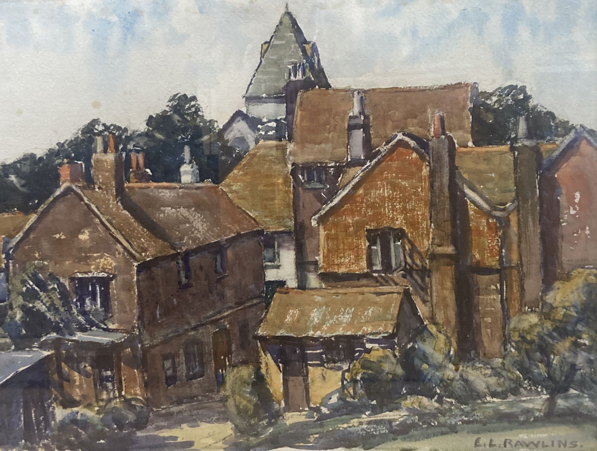 Ethel L. Rawlins (1880-1940), watercolour, Ditchling church from the Sandrock car park, signed, 37 x 49cm